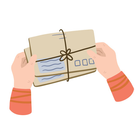 Hand holding letter. Envelope with greeting. Cute illustration of postcrossing. handmade paper. flat cartoonのイラスト素材