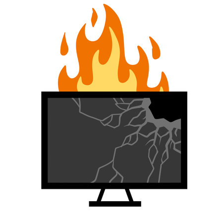 Crack in flat television. Broken Modern TV. blackscreen. Repair and warranty of Electronic equipment and monitorのイラスト素材