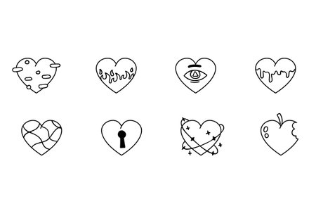 Set of hearts. Collection of retro vintage sticker. Hippie surreal icon of loveのイラスト素材