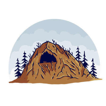 Cave in mountain forest. hand drawn cartoon illustration.のイラスト素材