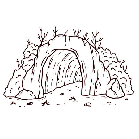 Entrance to cave. Stone mountain with underground dungeon. hand drawn cartoon illustration. natural sceneのイラスト素材