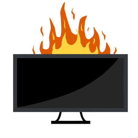 Fire flat television. Burning Broken Modern TV. Repair and warranty of Electronic equipment and monitor. short circuit. black screenのイラスト素材