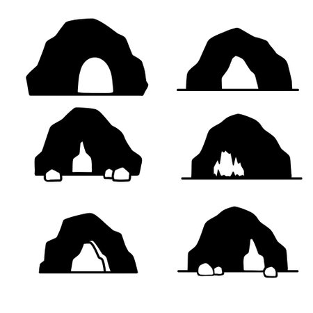 cave icon. stone shelter. Entrance to the mountain dungeon. black silhouetteのイラスト素材
