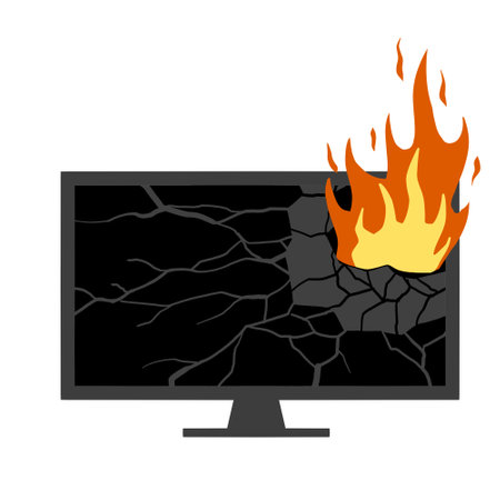 Fire flat television. Burning Broken Modern TV. Repair and warranty of Electronic equipment and monitor. short circuit. black screenのイラスト素材
