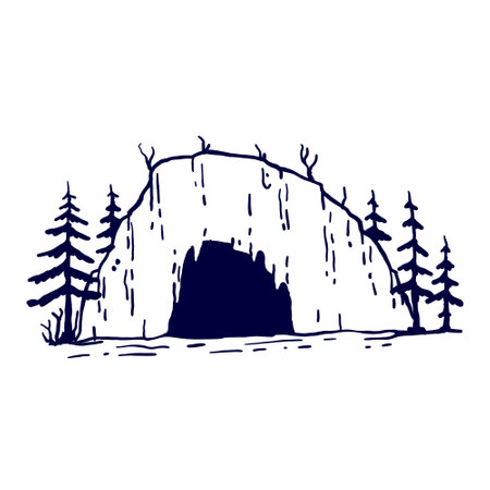 Cave in mountain engraving style. hand drawn cartoon illustration.のイラスト素材