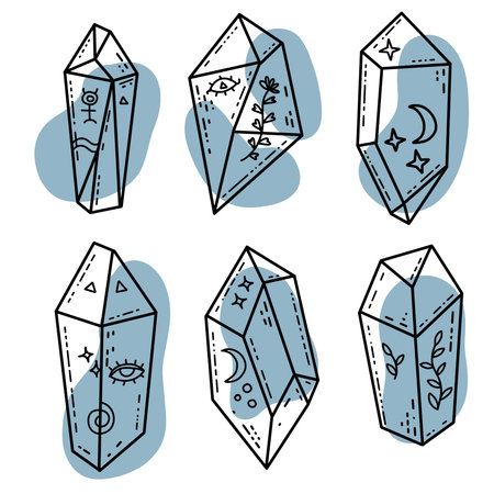 Magic crystal gems with paint spot. Mystical and magical ritual. Spiritual mystery future telling. Astrology and fortune.のイラスト素材