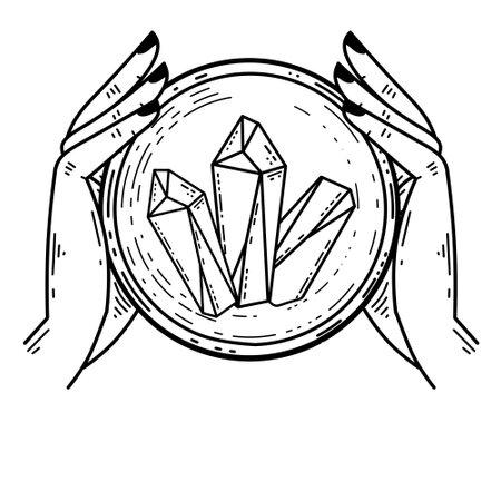 Magic crystal ball and gems in hand. Mystical and magical witch ritual. Spiritual mystery future wizard teller. Esoteric Astrology and fortune.のイラスト素材