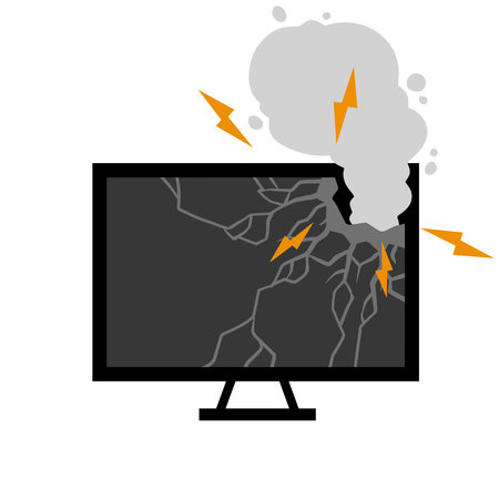 Crack in flat television. Broken Modern TV. blackscreen. Repair and warranty of Electronic equipment and monitorのイラスト素材