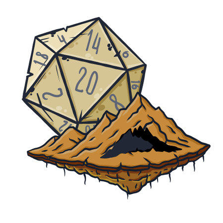 Dungeon and dragons board game. Dice d20 and cartoon cave entrance.のイラスト素材
