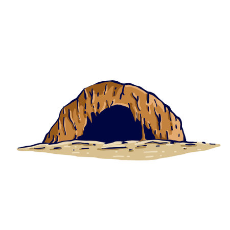 Entrance to cave. Stone mountain with underground dungeon. hand drawn cartoon illustration. natural sceneのイラスト素材