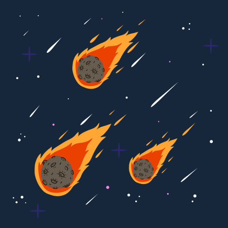 Flying asteroid, Burning comet on background of night sky. Astronomical object with tail vector design illustration. Set of Dangerous explosive space objectのイラスト素材