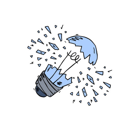 Burst light bulb. crack in lightbulb. Sketch Shards of glass. Concept of idea and solution of problem. Doodle drawn electric light.のイラスト素材