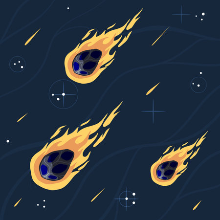 Flying asteroid, Burning comet on background of night sky. Astronomical object with tail vector design illustration. Set of Dangerous explosive space objectのイラスト素材
