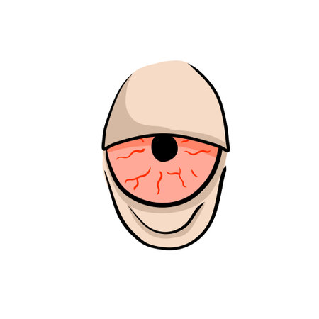 Red hand-drawn eyes. Problem of insomnia. Sleep disorder with capillaries and pupils. comic drawing. Fatigue and stress. Conjunctivitis infection. blood eyeballs. Sick illness lookのイラスト素材