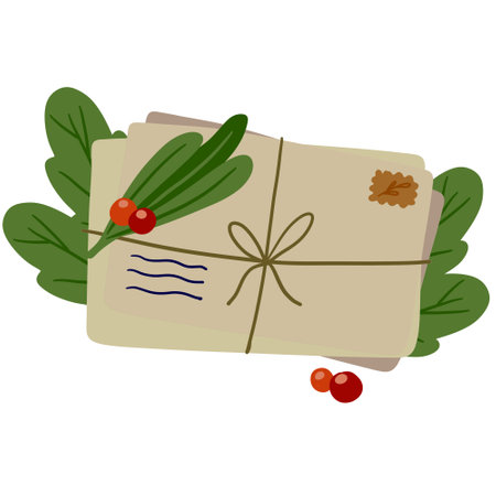 Envelope with letter in craft paper with green plant. greetings and correspondence. handmade sheet with mail. postal invitation. cartoon illustrationのイラスト素材