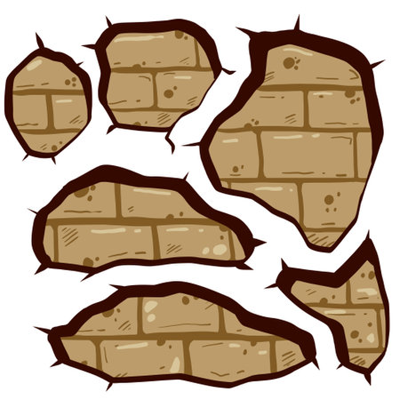 Hole in brick wall of red bricks. Old rough cracked background. Dirty building facade. Grunge isolated damaged brickworkのイラスト素材