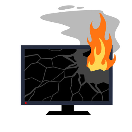 Fire flat television. Burning Broken Modern TV. blackscreen. Repair and warranty of Electronic equipment and monitor. Short circuitのイラスト素材