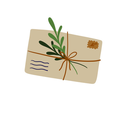 Envelope with letter in craft paper with green plant. greetings and correspondence. handmade sheet...