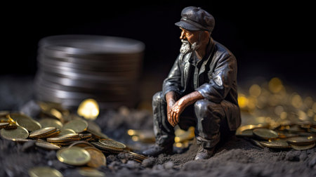 Worker on coin, miniature figure. Concept of hard work, labor and salary. Toy man and money.の写真素材