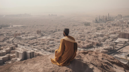 Arab man looks at city from high point. Middle East architecture. Concept of thoughtfulness and...