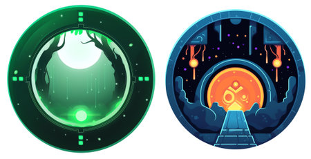 Magical portal for game. Icon for RPG fantasy illustrations. Colorful magic world. Set of Flat colorful cartoon isolaed on white created with Generative AI Technologyの写真素材