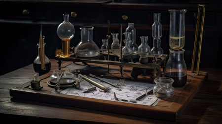 Alchemical table. Equipment and decorations of magician and sorcerer for chemistry. Table with magic glass bottles. Retro vintage vintage medical office created with Generative AI Technologyの写真素材