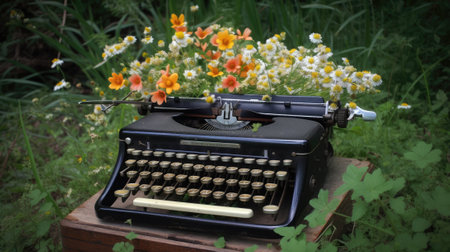 Typewriter and flowers. Concept of creativity, writing. Retro vintage Instrument of poet and writer.の写真素材