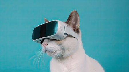 Cat in Virtual reality headset. Modern technologies and equipment for online games on blue background, created with Generative AI Technologyの写真素材