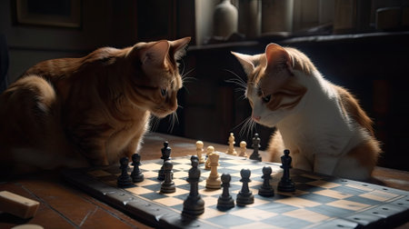 Cats play chess. Smart pets and board game. Fun concept of thinking, tactics and strategy created with Generative AI Technologyの写真素材