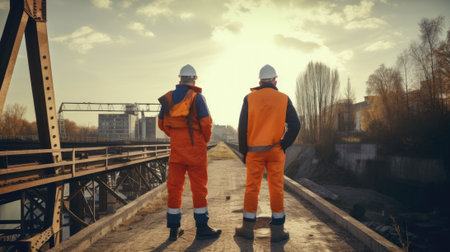 Workers are building bridge. Two engineers in yellow uniforms are standing at construction site, rear view. Industry and production concept created with Generative AI Technologyの写真素材