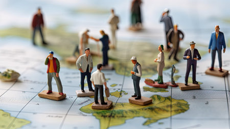 Miniature tourists stand on world map. Group of little toy travelers. Concept of travel, recreation and vacations created with Generative AI Technologyの写真素材