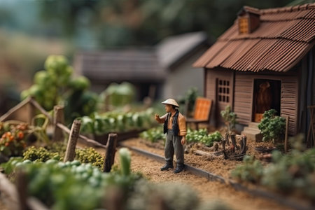 Miniature Asian Farmer working in the field. village diorama. Toy farm in summer and old man. Concept of harvesting created with Generative AI Technologyの写真素材