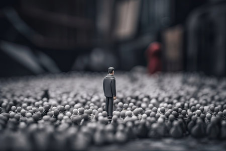 Lonely man among the gray crowd. Atmospheric concept of sadness, loneliness, thoughtfulness and search for meaning in life created with Generative AI Technologyの素材
