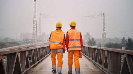 Workers are building bridge. Two engineers in yellow uniforms are standing at construction site, rear view. Industry and production concept created with Generative AI Technologyの写真素材