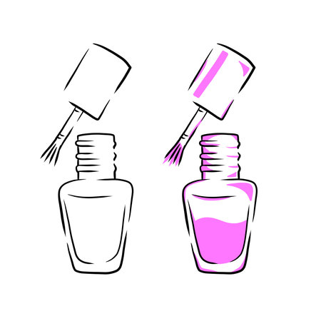 Nail polish. Bottle with pink brush sketch. Product for beauty salon and female glamor. Minimal doodle illustration isolated on white. outline artのイラスト素材