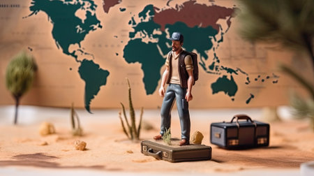 Miniature tourist stands at geographical map. Vacation of traveler and explorer. Concept for travel company and weekend. Little toy man created with Generative AI Technologyの写真素材