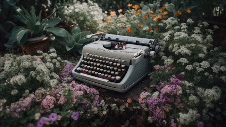 Typewriter and flowers. Concept of creativity, writing. Retro vintage Instrument of poet and writer created with Generative AI Technologyの写真素材