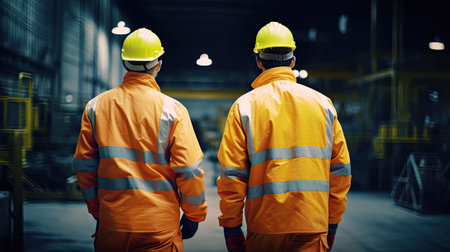 Two industrial workers in orange uniform. Technical employee wearing a helmet, rear view. Industrial or manufacturing urban building, created with Generative AI Technologyの写真素材