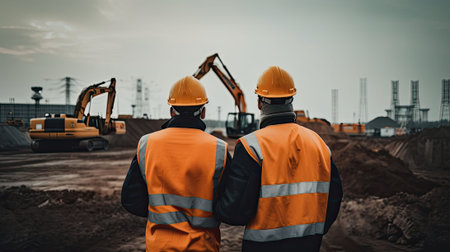 Two workers, rear view, on construction site. Engineers in protective uniforms and helmets at work. Construction of buildings created with Generative AI Technologyの写真素材