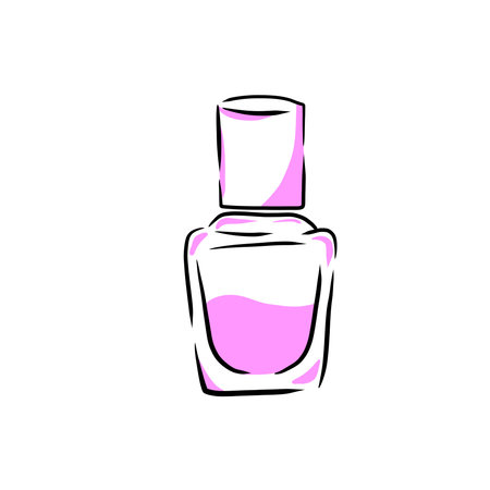 Nail polish. Bottle with pink brush sketch. Product for beauty salon and female glamor. Minimal doodle illustration isolated on white. outline artのイラスト素材