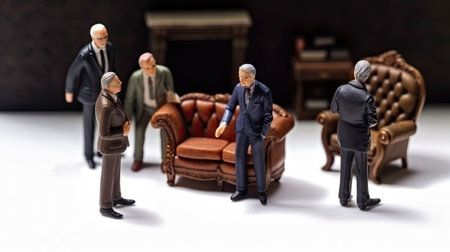 Miniature group of businessmen. Little toy men in office suits on a classic luxury armchair. business and diplomacy. The concept of concluding deals, contracts and negotiations created with Generative AI Technologyの写真素材