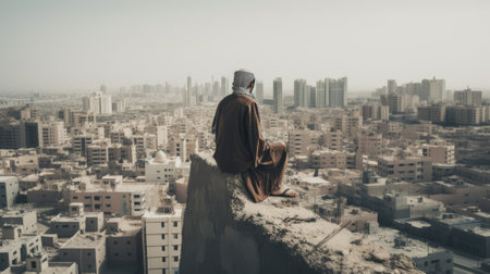 Arab man looks at city from high point. Middle East architecture. Concept of thoughtfulness and calmness. Panoramic cityscape created with Generative AI Technologyの写真素材