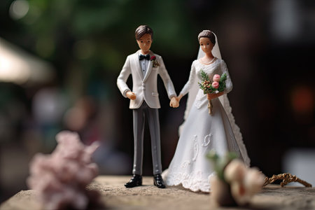 Miniature figure of newlyweds. Husband and wife in wedding attire. Concert of classic wedding and...