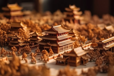 Chinese Traditional Diorama Palace. Miniature ancient castle in China. Medieval Asian architecture. Beautiful autumn landscape created with Generative AI Technologyの写真素材