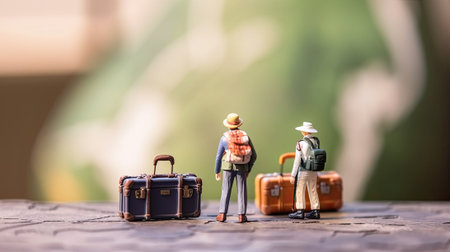 Group of tourists in nature. Miniature travelers with backpacks. Little toy men on hike. Tourist...