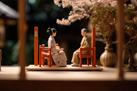 Miniature Japanese vintage wedding, natural diorama. Japanese wife and husband in traditional national outfits. Small toy woman and man. The concept of classical romance, love and relationships created with Generative AI Technologyの写真素材