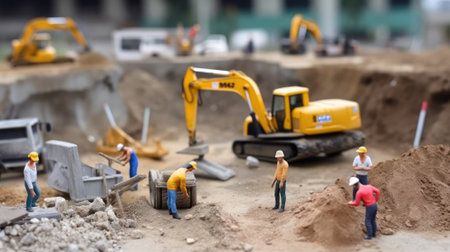 building construction. Miniature builders at work. Small toy construction equipment and uniformed...
