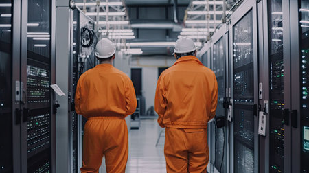 Two workers in uniform are standing in server room. Computer equipment and technical service...
