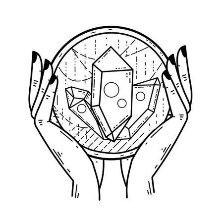 Magic crystal ball and gems in hand. Mystical and magical witch ritual. Spiritual mystery future wizard teller. Esoteric Astrology and fortune.のイラスト素材