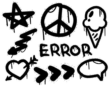 Set of black graffiti spray illustration. Collection of urban symbols, star, heart, ice cream, arrow and error. Street art decoration fo wall isolated on white background.のイラスト素材